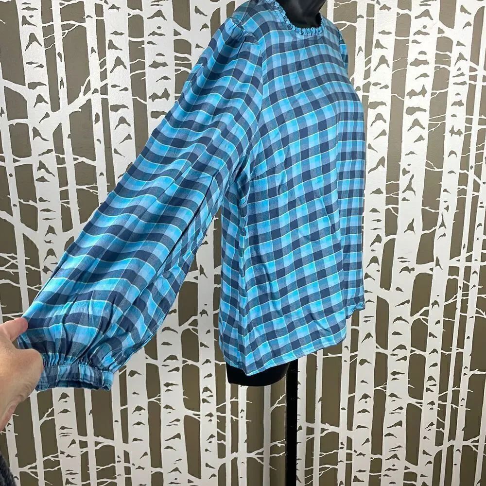 a.n.a NEW “Hallie” Blue Plaid Balloon Sleeve Ruffled Collar Pullover Top - Picture 3 of 5